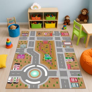 Kids Road Rug With Zoo Map, City Street Play Carpet, Traffic Mat With Animals, Toddler Learning Activity Rug, Boy Playroom Floor Carpet