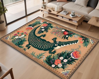 Krokodillentapijt, krokodillentapijt met natuurlijk motief, tapijten met dierlijk patroon, woondecoratie, alligatordecortapijt, natuurlijk tintje voor je woonkamer,