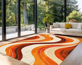 70s Retro Wave Area Rug with Orange and Cream Flowing Curves, Mid Century Modern Living Room Carpet for Vintage Inspired Bold Home Decor