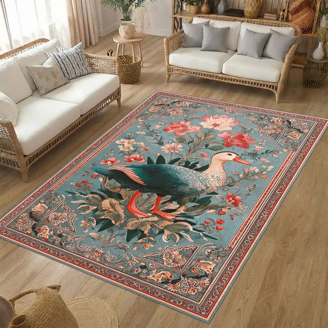 Vintage Duck Rug With Floral Botanical Design, Decorative Water
