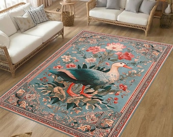 Vintage Ententeppich mit floralem botanischem Design, dekorativer Wasservogelteppich für Wohnzimmer, Schlafzimmer und künstlerisches Wohndekor