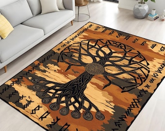 Yggdrasil Tree of Life Rug: Nordic Runes, Washable Carpet