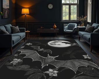 Mystic Moon and Bat Gothic Rug, Dark Art Home Decor Carpet, Black Nocturnal Style Area Mat, Witchy Halloween Aesthetic Living Room Floor