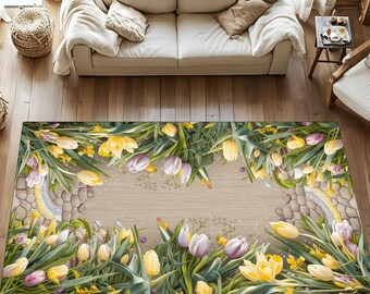 Tulpentuintapijt met stenen pad in het midden, realistisch bloementapijt voor cottagecore, lentehuisdecor, gezellig pastel botanisch vloeraccent