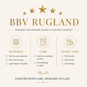May include: An informational graphic for BBV RUGLAND featuring gold text and icons on a cream background. It lists product features including soft low pile polyester, machine washable at 30&deg;C, non-slip backing, and pet and kid friendly attributes.