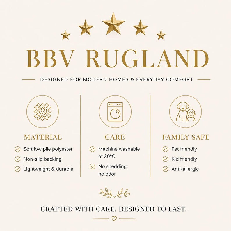 May include: An informational graphic for BBV RUGLAND featuring gold text and icons on a cream background. It lists product features including soft low pile polyester, machine washable at 30&deg;C, non-slip backing, and pet and kid friendly attributes.