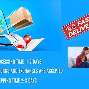 May include: An illustration of a smartphone with a package and a map, indicating delivery success. A red sign reads "FAST DELIVERY". Text below states "PROCESSING TIME 1-2 DAYS", "RETURNS AND EXCHANGES ARE ACCEPTED", and "SHIPPING TIME 2-3 DAYS".