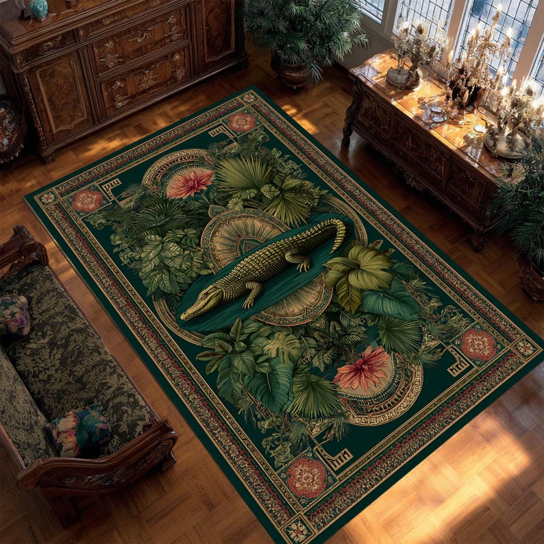 Crocodile Tropical Jungle Rug Exotic Botanical Style Living Room Carpet ...