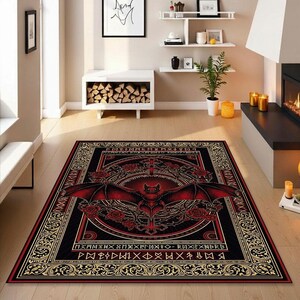 May include: A rectangular black rug with a red and gold gothic design. The rug features a central image of a bat with outstretched wings, a cross, and roses. The border has a repeating pattern and runes.