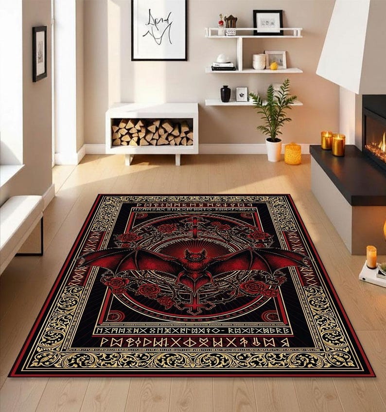 May include: A rectangular black rug with a red and gold gothic design. The rug features a central image of a bat with outstretched wings, a cross, and roses. The border has a repeating pattern and runes.