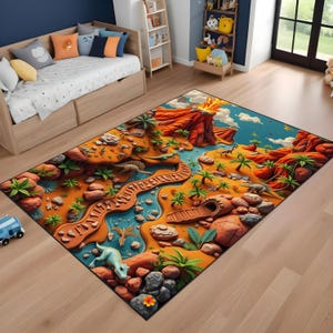 3D-Karikatur-Dinosaurierteppich mit Lavainsel, Kinderspielmatte mit prähistorischer Dschungelszene, Abenteuerbodenteppich für Spielzimmer-Kinderzimmer