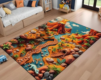 3D Cartoon Dinosaur Rug With Lava Island, Kids Play Mat With Prehistoric Jungle Scene, Adventure Floor Carpet For Playroom Nursery