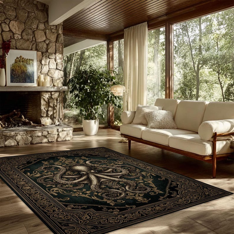 May include: A dark teal area rug with an ornate design featuring an octopus in the center. The rug has a detailed border and is placed in a living room with a fireplace and a cream-colored sofa.