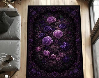 Gothic Floral Rug Dark Purple Rose Garden Area Carpet for Elegant Living Room and Alternative Decor
