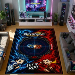 May include: A rectangular area rug featuring a Beyblade theme with a central stadium graphic, blue and red color split, and two anime characters. The design includes the Beyblade logo and the text Let it Rip, set against a dark background.