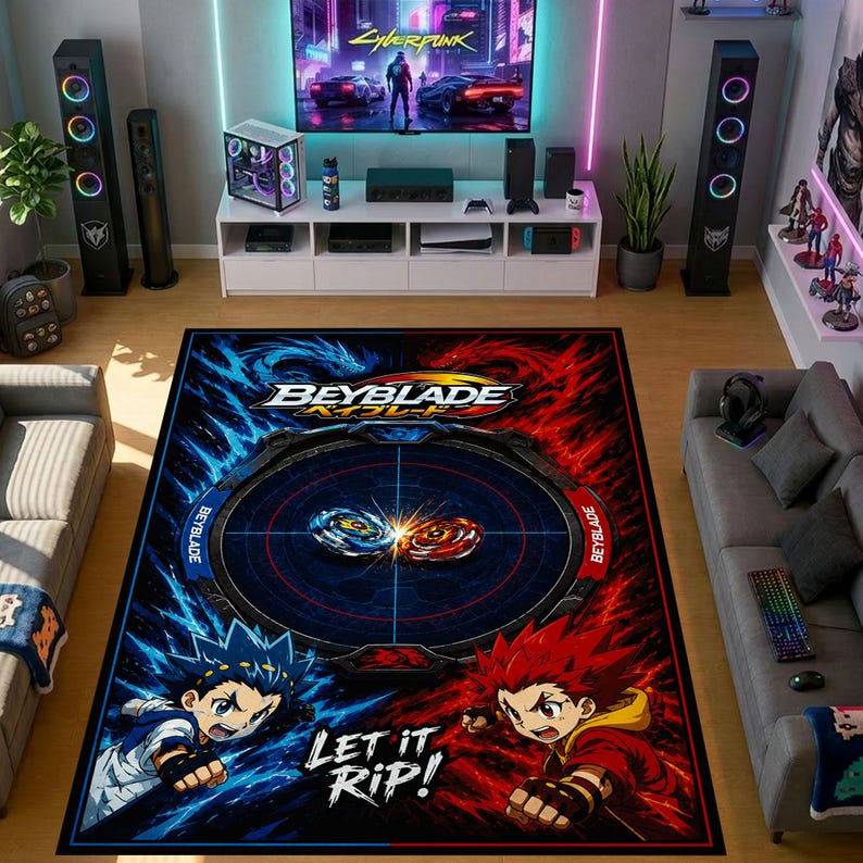 May include: A rectangular area rug featuring a Beyblade theme with a central stadium graphic, blue and red color split, and two anime characters. The design includes the Beyblade logo and the text Let it Rip, set against a dark background.