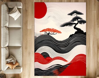 Japanese Wave Rug With Red Sun & Bonsai Tree – Digital Washable Carpet, Zen Art Decor For Minimalist Homes, Calm Nature Gift For Art Lovers