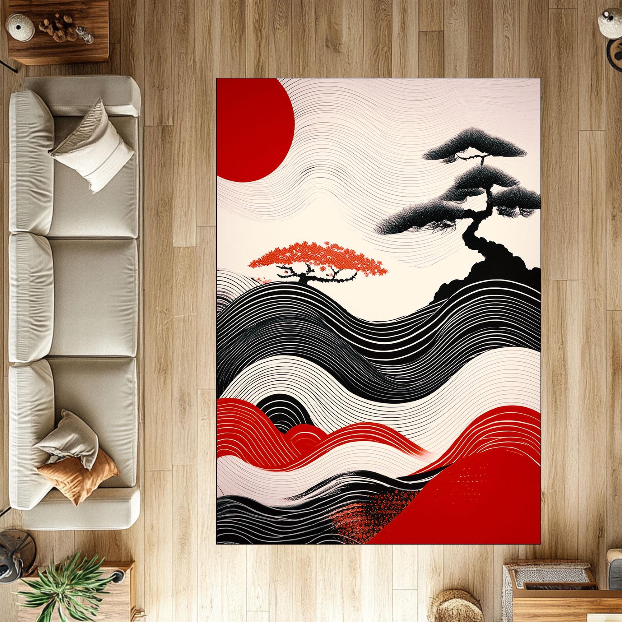 Japanese Wave Rug With Red Sun & Bonsai Tree – Digital Washable