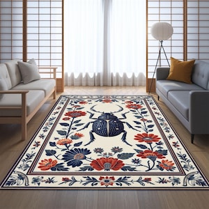 Beetle Area Rug, Bug Print Carpet, Insect Decor Rug, Boho Floral Area Carpet, Modern Nature Rug, Scandinavian Botanical Rug for Living Room
