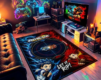 May include: A rectangular area rug featuring a Beyblade graphic with two spinning tops in a central arena, flanked by anime characters in blue and red color schemes, with the text Beyblade and Let it Rip printed on a dark background.