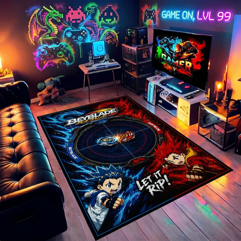 Beyblade Burst rug featuring battle arena artwork and anime characters
