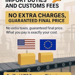 May include: An informational graphic featuring a yellow airplane and text stating: WE COVER ALL U.S. & EUROPEAN IMPORT DUTIES AND CUSTOMS FEES. NO EXTRA CHARGES, GUARANTEED FINAL PRICE. No extra taxes, guaranteed final price. FedEx / UPS Express Shipping.