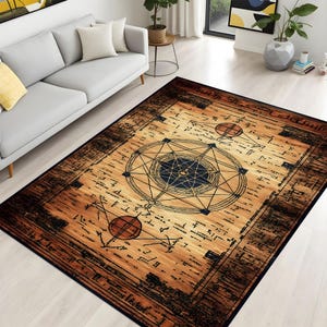 Ancient Symbol Rug With Geometric Alchemy Design – Vintage Look Washable Carpet For Esoteric Home Decor, Spiritual Gift For Mystic Interiors