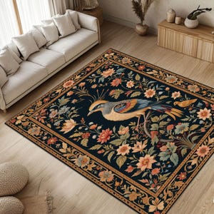 Bird Floral Rug, Botanical Carpet, Vintage Nature Mat, Ornate Black Rug, Classic Garden Theme, Elegant Decor Rug, Antique Bird Floor