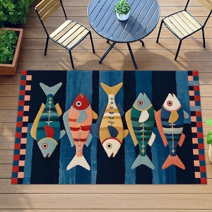fish theme rug, ocean kids carpet, striped sea mat, beach house decor, coastal nursery rug, playful fish rug, aquatic room mat, summer decor rug, sea animal carpet, kids ocean rug, marine themed mat, colorful floor rug, fun sea life decor