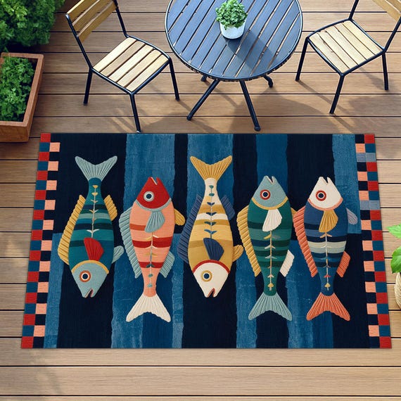 Fish Rug, Ocean Theme Carpet, Colorful Kids Rug, Beach House Decor, Coastal Nursery Mat, Striped Fish Floor Rug, Sea Life Rug, Playroom Mat