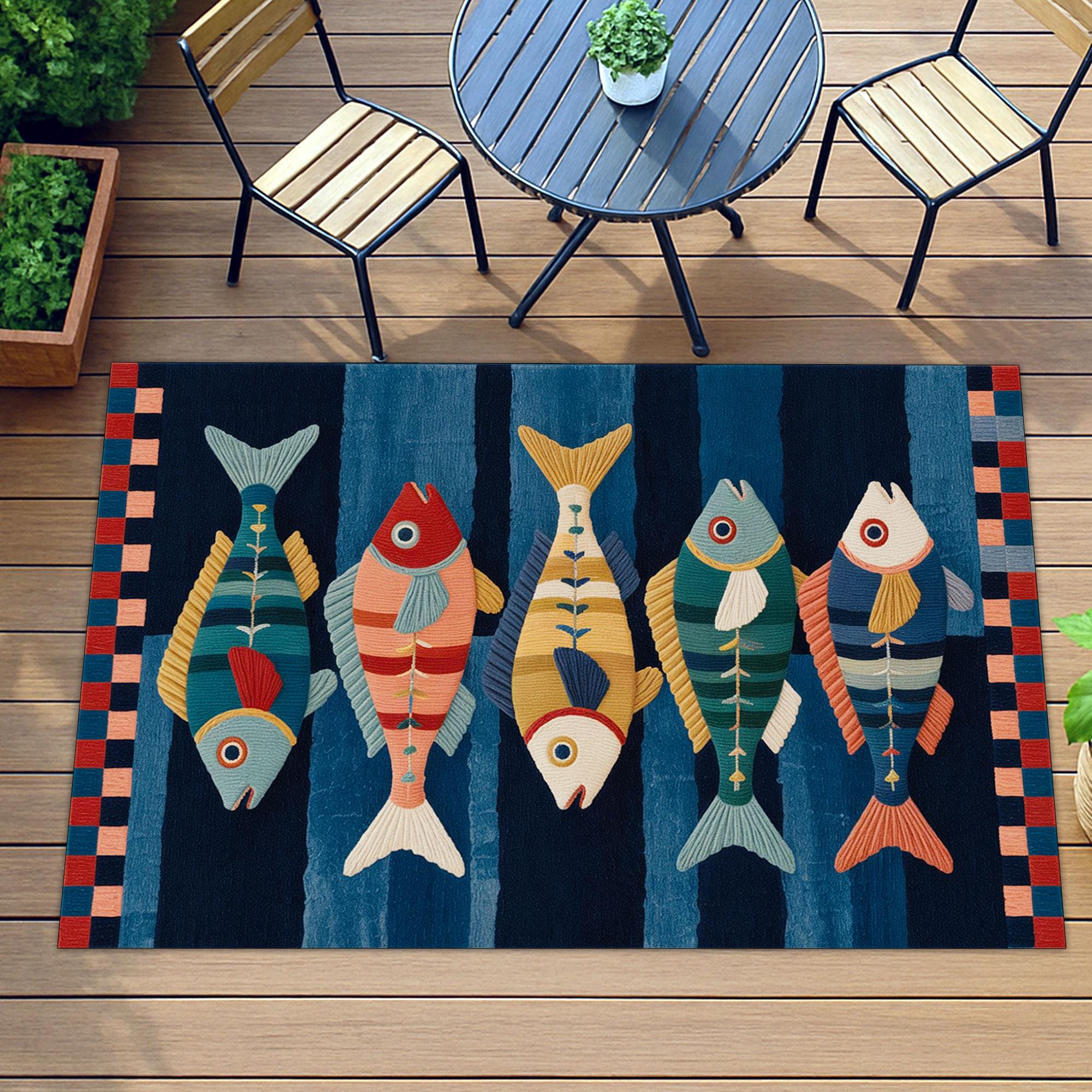魚柄ラグ、海をテーマにしたカーペット、カラフルな子供用ラグ、ビーチ