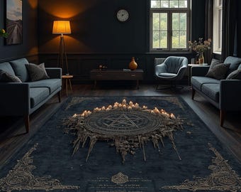 Gothic Magic Circle Rug – Candle Pentagram Carpet – Dark Occult Decor – Mystic Altar Design – Washable Black Witchy Living Room Mat