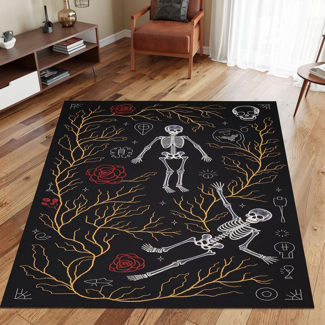 Skeleton Welcome Rug Skeleton Rug With Gothic Roses & Mystic Symbols – Washable Black Carpet ...