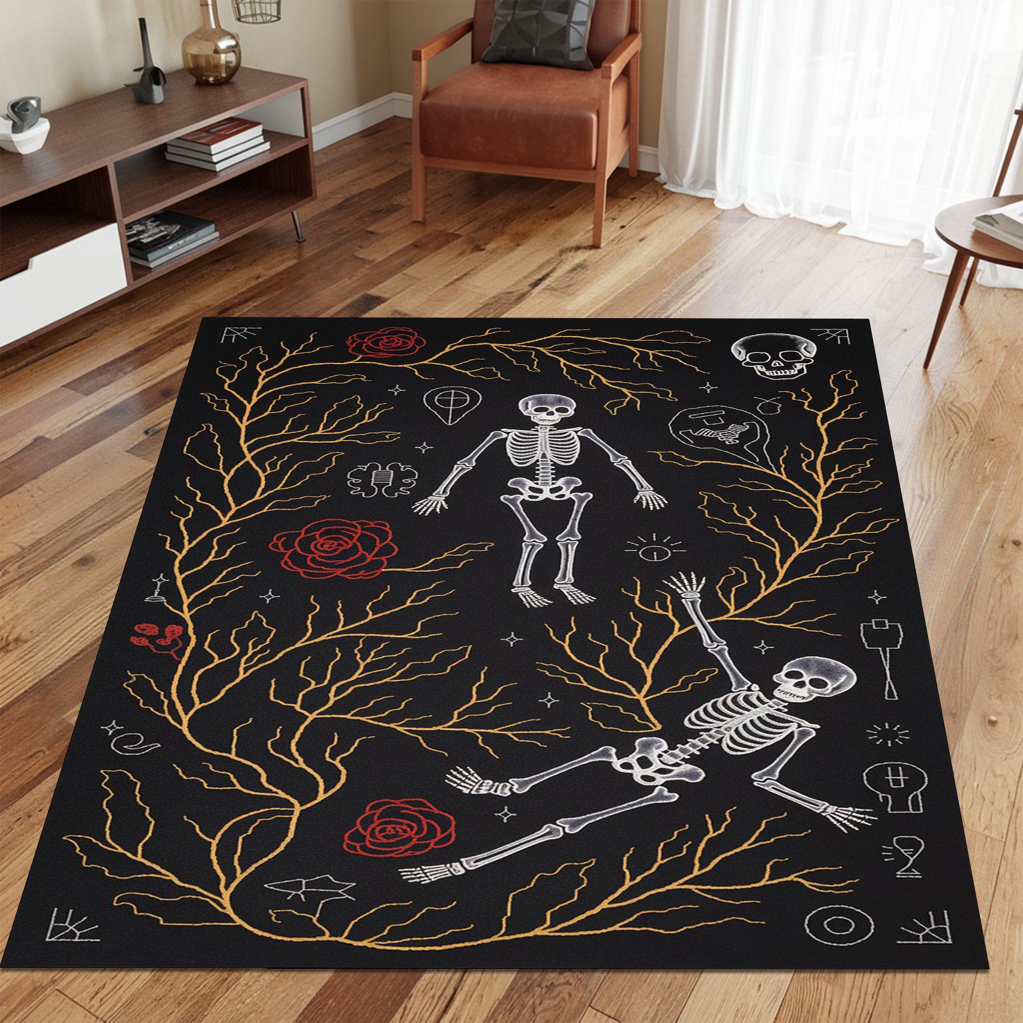 Skeleton Rug With Gothic Roses & Mystic Symbols – Washable Black Carpet For Witchy Room Decor, Halloween Style Gift For Dark Academia Lovers