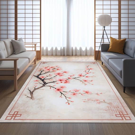 Sakura Rug, Cherry Blossom Carpet, Japanese Floral Rug, Zen Room Mat, Oriental Decor Rug, Minimalist Bloom Rug, Calm Space Mat, Soft Zen Rug