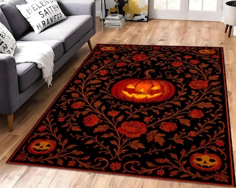 Halloween Rug, Pumpkin Carpet, Gothic Floral Rug, Spooky Home Decor, Fall Themed Rug, Jack O Lantern Mat, Seasonal Rug, Autumn Living Rug