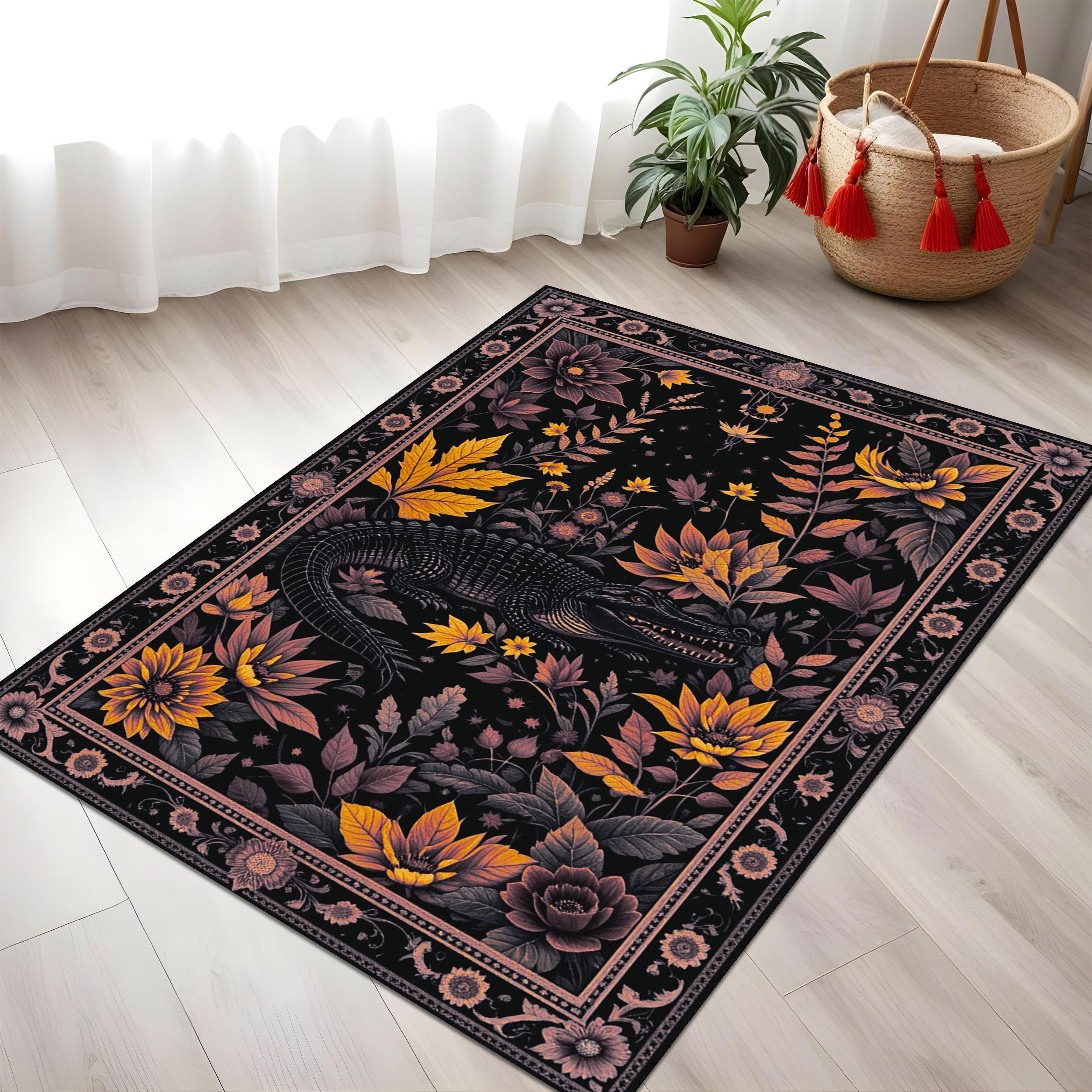 Gothic Floral Crocodile Rug With Mystical Botanical Art, Dark
