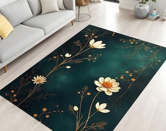 Tapete Botânico Verde, Tapete Floral Moderno, Tapete Minimalista para Sala de Estar, Tapete Inspirado na Natureza, Tapete Macio e Lavável, Decoração Elegante para Piso com Estampa Botânica