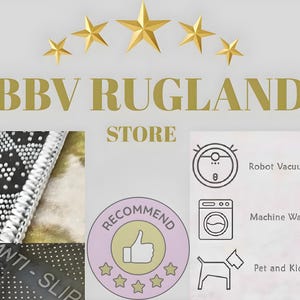 Op de afbeelding: Een close-up van een zwart-wit gestreept tapijt met een witte rand. Het tapijt heeft een antislip rug. De afbeelding toont ook een roze en witte sticker met een duim omhoog en vijf sterren, wat een aanbeveling aangeeft. De tekst "BBV RUGLAND STORE" staat bovenaan de afbeelding. Onder het tapijt staan ​​pictogrammen voor robotstofzuiger vriendelijk, machinewasbaar en huisdier- en kindvriendelijk.