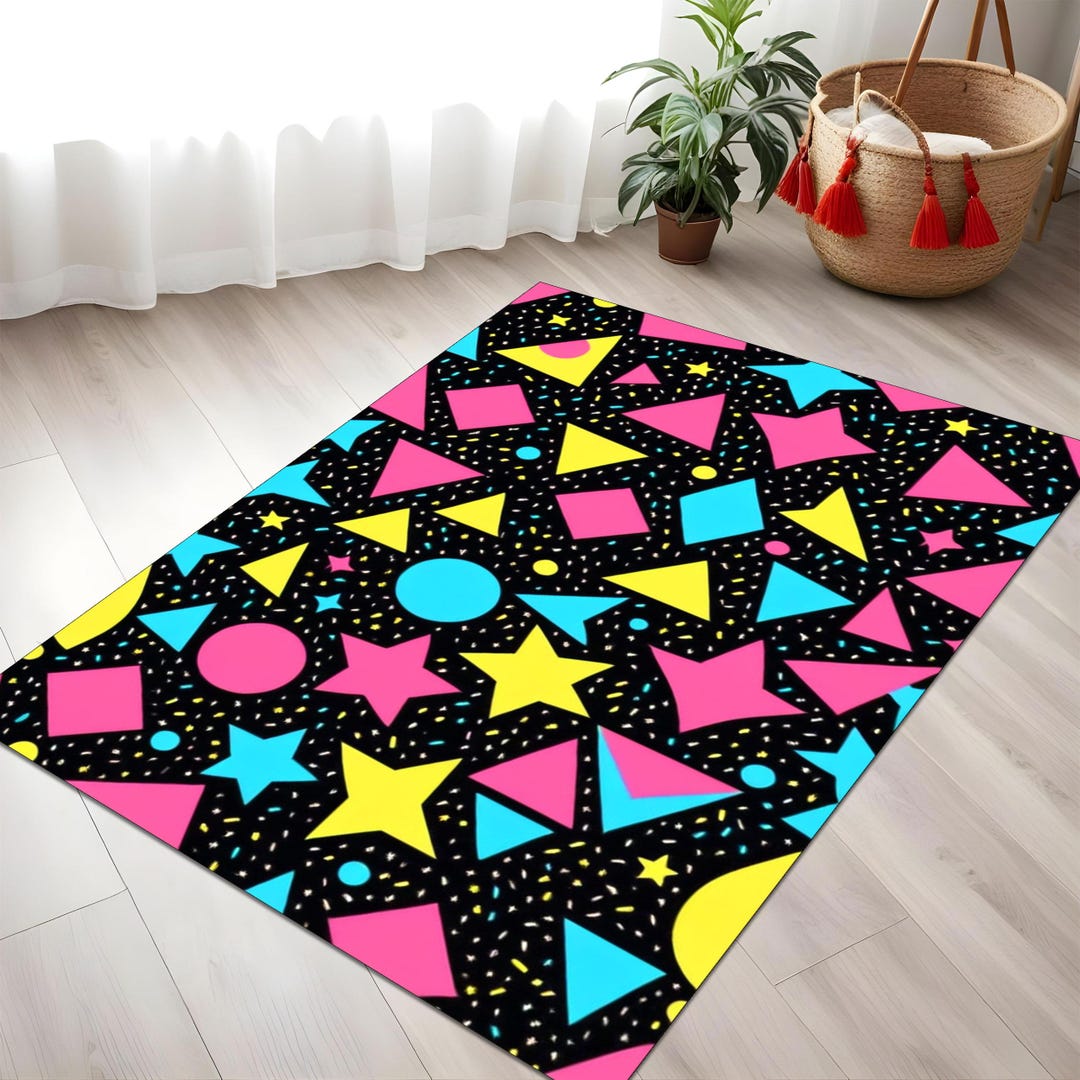 Retro Arcade Game Memphis Style Rug With Neon Pink, Yellow and