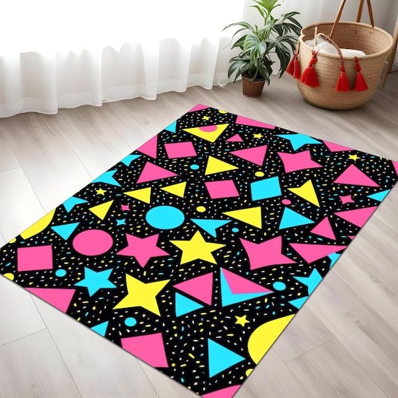 Retro Arcade Game Memphis Style Rug With Neon Pink, Yellow and