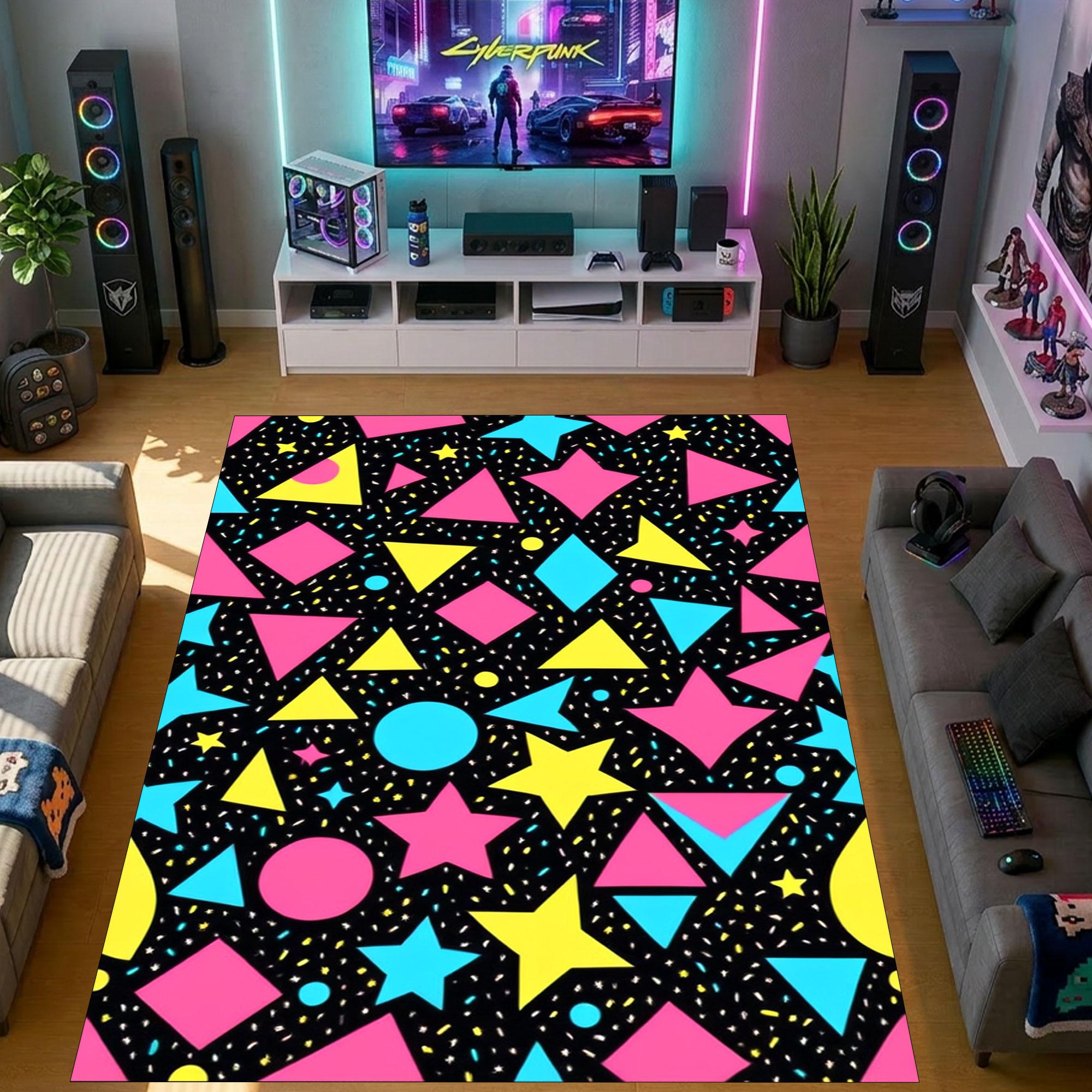 Retro Arcade Game Memphis Style Rug With Neon Pink, Yellow and