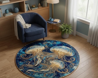 Jellyfish Ocean Art Round Rug with Flowing Blue and Gold Details, Modern Sea Life Area Rug for Calm Coastal Decor