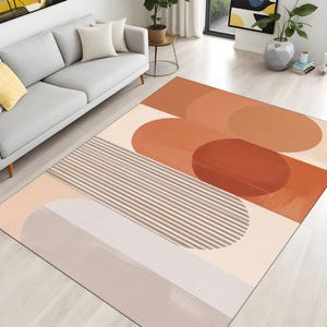 Modern Boho Abstract Area Rug, Geometric Circle Pattern, Terracotta Beige Rust Color Carpet,Soft Minimalist Living Room or Bedroom Floor Mat