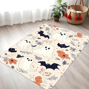 Cute Ghost Rug, Kids Halloween Rug, Floral Spooky Carpet, Nursery Fall Rug, Autumn Ghost Rug, Cozy Halloween Rug, Smiling Ghost Mat