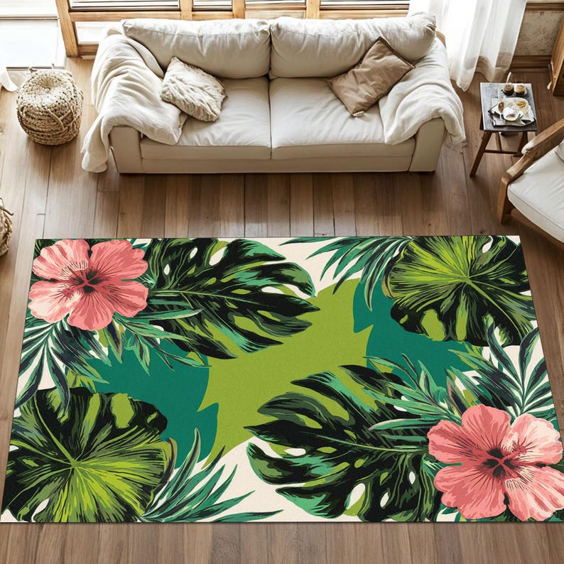 Hibiscus Rug Tropical Botanical Rug With Monstera Leaves & Hibiscus Flowers, Vibrant ...