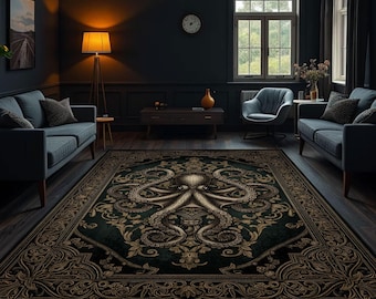Gotisch octopustapijt, tapijt zwarte zeedieren, donker nautisch krakend vloerkleed, wasbaar gotisch huisdecor, vintage woonkameraccent
