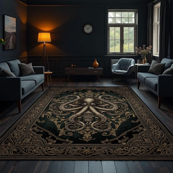 Gothic Octopus Rug, Black Sea Creature Carpet, Dark Nautical Kraken Area Rug, Washable Gothic Home Decor, Vintage Style Living Room Accent