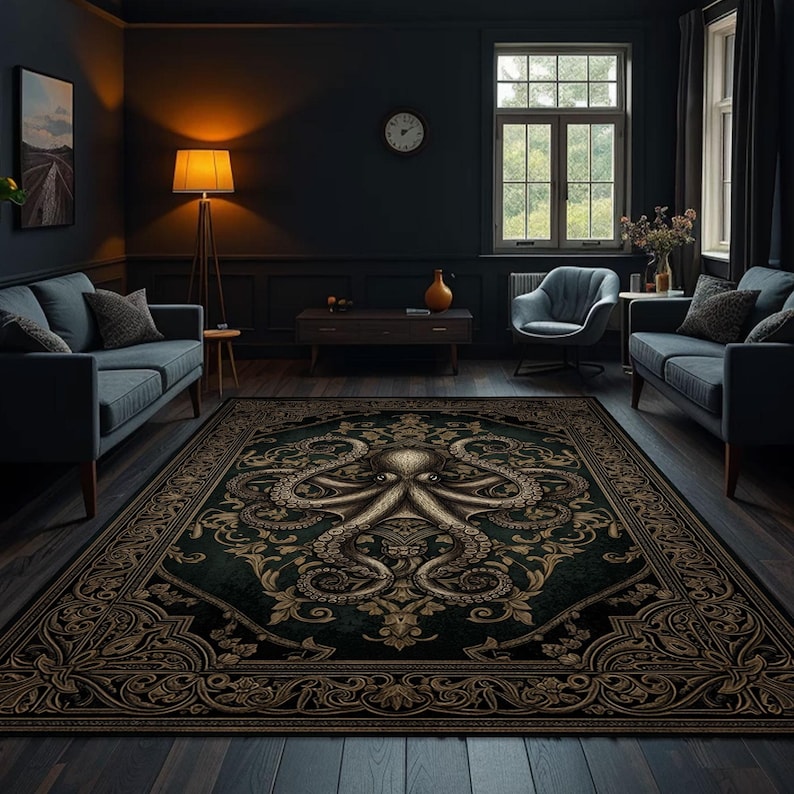 octopus gothic rug, black octopus carpet, kraken gothic mat, dark ocean rug, nautical style rug, gothic floor rug, washable octopus rug, gothic living rug, kraken decor rug, sea creature carpet, gothic ocean rug, vintage gothic mat, dark gothic carpet