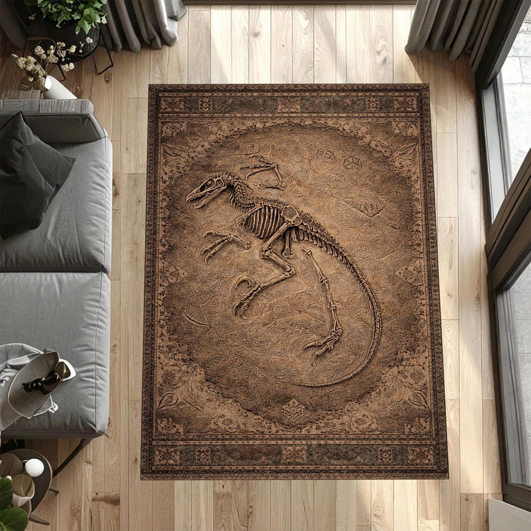 Skeleton Abyss Rug Dinosaur Skeleton Area Rug, Antique Fossil Style Living Room Rug, Dark ...